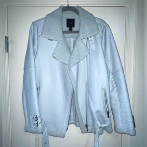 GORGEOUS Cinderella Blue vegan leather moto jacket with sherpa lining.